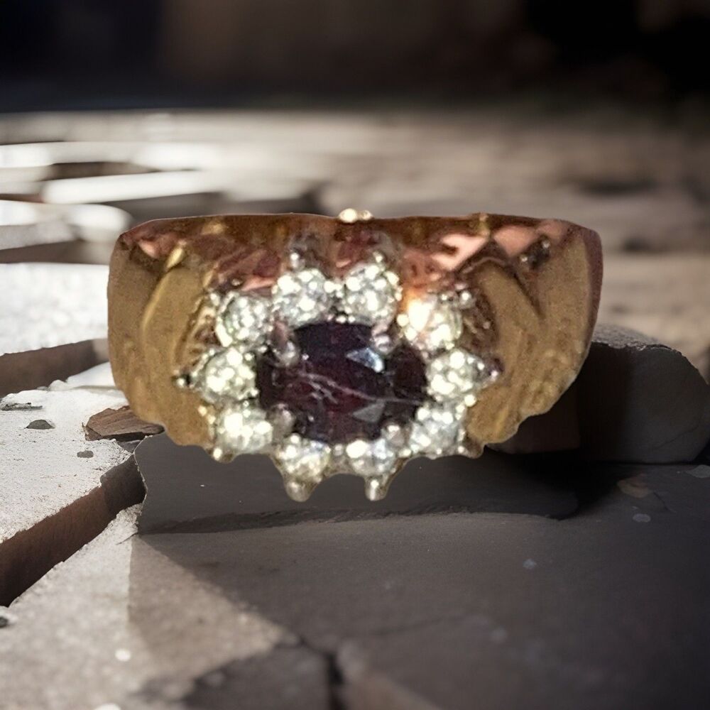 Cocktail ring oval dark red center stone halo setting size 6 gold color band